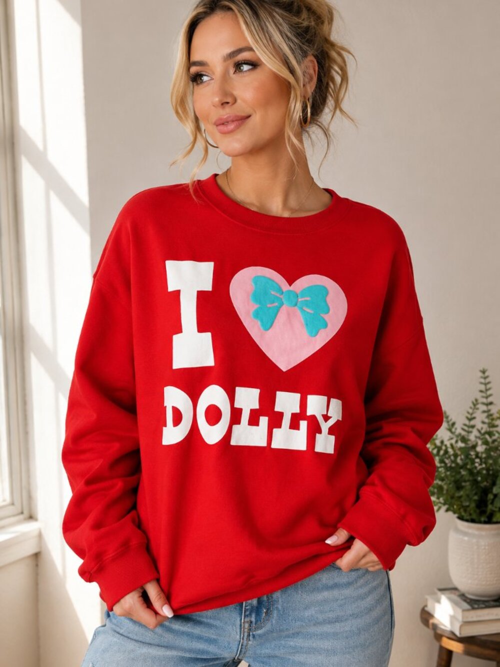 Dolly Parton I Love Dolly Red Graphic Crewneck Sweatshirt Medium M
